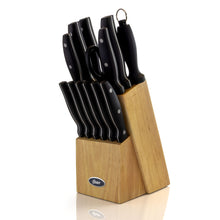 Load image into Gallery viewer, Oster Granger 14 Piece Stainless Steel Cutlery Set With Black Handles And Wooden Block
