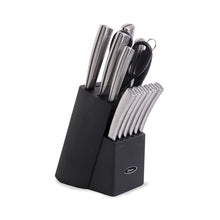 Load image into Gallery viewer, Oster Wellisford 14 Piece Stainless Steel Cutlery Set With Black Rubber Wood Block
