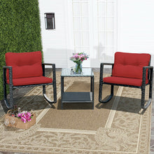 Load image into Gallery viewer, 3 Pcs Wicker Rocking Bistro Set with Glass Coffee Table and Storage Shelf-Red - Color: Red
