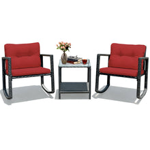 Load image into Gallery viewer, 3 Pcs Wicker Rocking Bistro Set with Glass Coffee Table and Storage Shelf-Red - Color: Red
