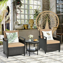 Load image into Gallery viewer, 3 Pieces Patio Rattan Furniture Set Cushioned Sofa Storage Table with Shelf Garden