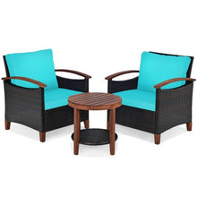 Load image into Gallery viewer, 3 Pieces Patio Rattan Furniture Set with Washable Cushion and Acacia Wood Tabletop-Turquoise - Color: Turquoise