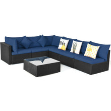 Load image into Gallery viewer, 7-Piece Outdoor Sectional Wicker Patio Sofa Set with Tempered Glass Top-Navy - Color: Navy