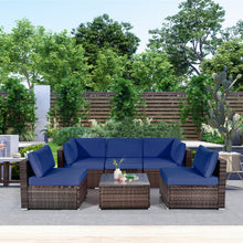 Load image into Gallery viewer, 6 Pieces Patio Rattan Furniture Set with Cushions and Glass Coffee Table-Navy - Color: Navy