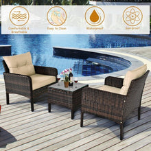 Load image into Gallery viewer, 3 Pieces Outdoor Patio Rattan Conversation Set with Seat Cushions-Beige - Color: Beige