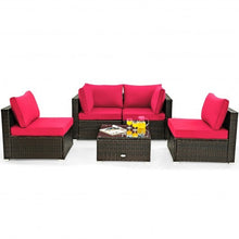 Load image into Gallery viewer, 5 Pieces Cushioned Patio Rattan Furniture Set with Glass Table-Red - Color: Red