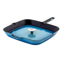 Load image into Gallery viewer, Megachef 11 Inch Square Enamel Cast Iron Grill Pan With Matching Grill Press In Blue With Press
