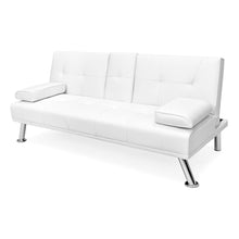 Load image into Gallery viewer, White Faux Leather Convertible Sofa Futon with 2 Cup Holders